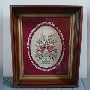 Vintage Framed Cross Stitch Cardinal Birds on Nest Wall Art Hanging Needlecraft